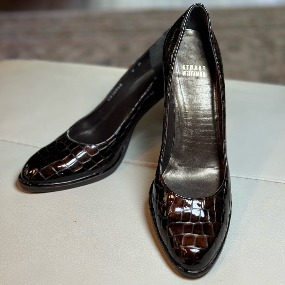 Stuart Weitzman Bronze Patent Leather Embossed Pumps